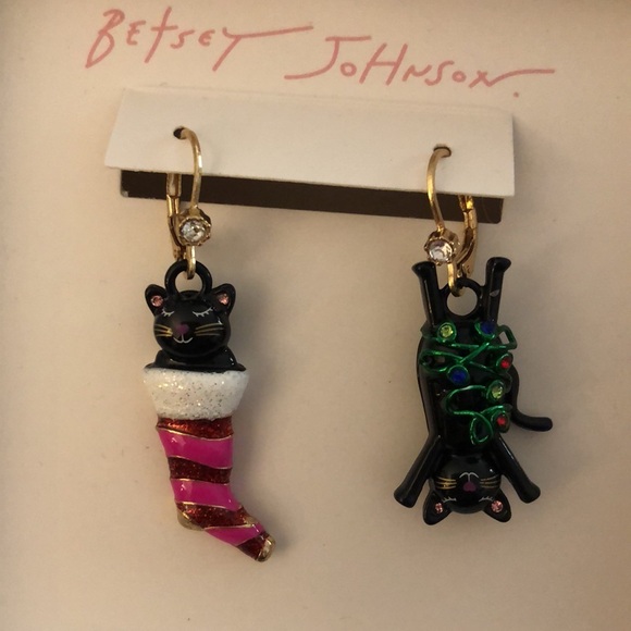 Betsey Johnson Black Cat In Stocking & Cat Tangled In Lights Drop Earrings NIB - Picture 6 of 13
